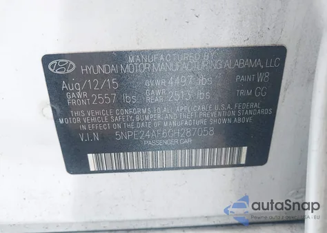 2016 Hyundai Sonata Se z USA, uszkodzony, nr VIN 5NPE24AF6GH287058